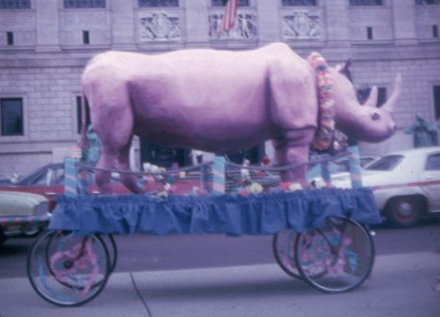 Pictures showing the papier-mâché Lavender Rhino that marchers pushed along the route of Boston Pride in 1974.