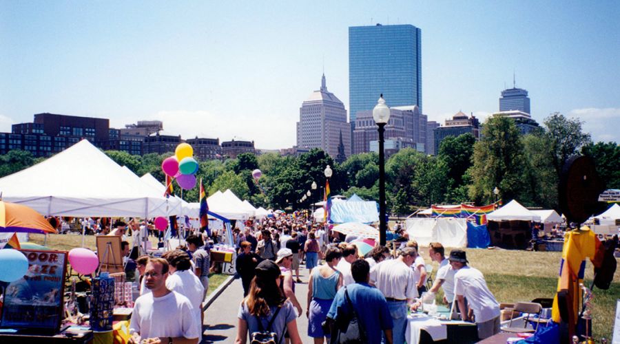 A view from the Boston Common looking towards the Back Bay, The John Hancock buildings as well as the Prudential create the skyline