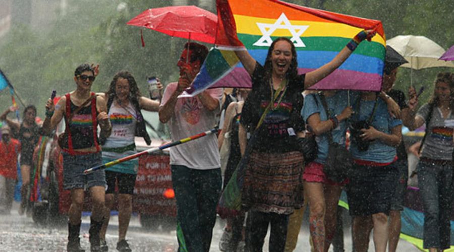 Members of the group Keshet, which works for the full inclusion gay, lesbian, bisexual, and transgender Jews in Jewish life, and supporters from The Workmen's Circle marched.