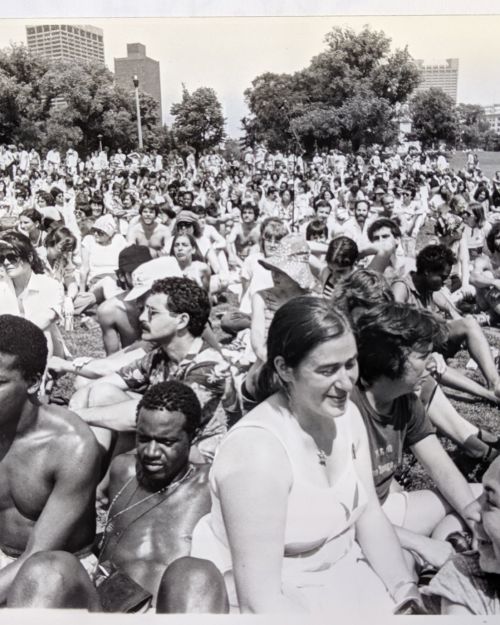 Crowd of men and women on the Boston Common during the 1979 Boston Pride March Credit: M. Thompson