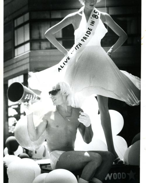 Peter Holland sits atop his float in the 1985 Gay Pride Parade Credit: Boston Globe Staff