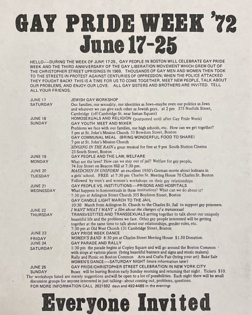 A photo of the Gay Pride Week Flyer 72' that lists the events for the week of June 17-24, 1972