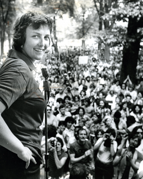 Elaine Noble, the first openly gay state representative in the nation, speaks at the 1977 Gay Rights Rally on Boston Common. Credit: Stan Grossfeld, Boston Globe, "How Boston Powered the Gay Rights Movement"