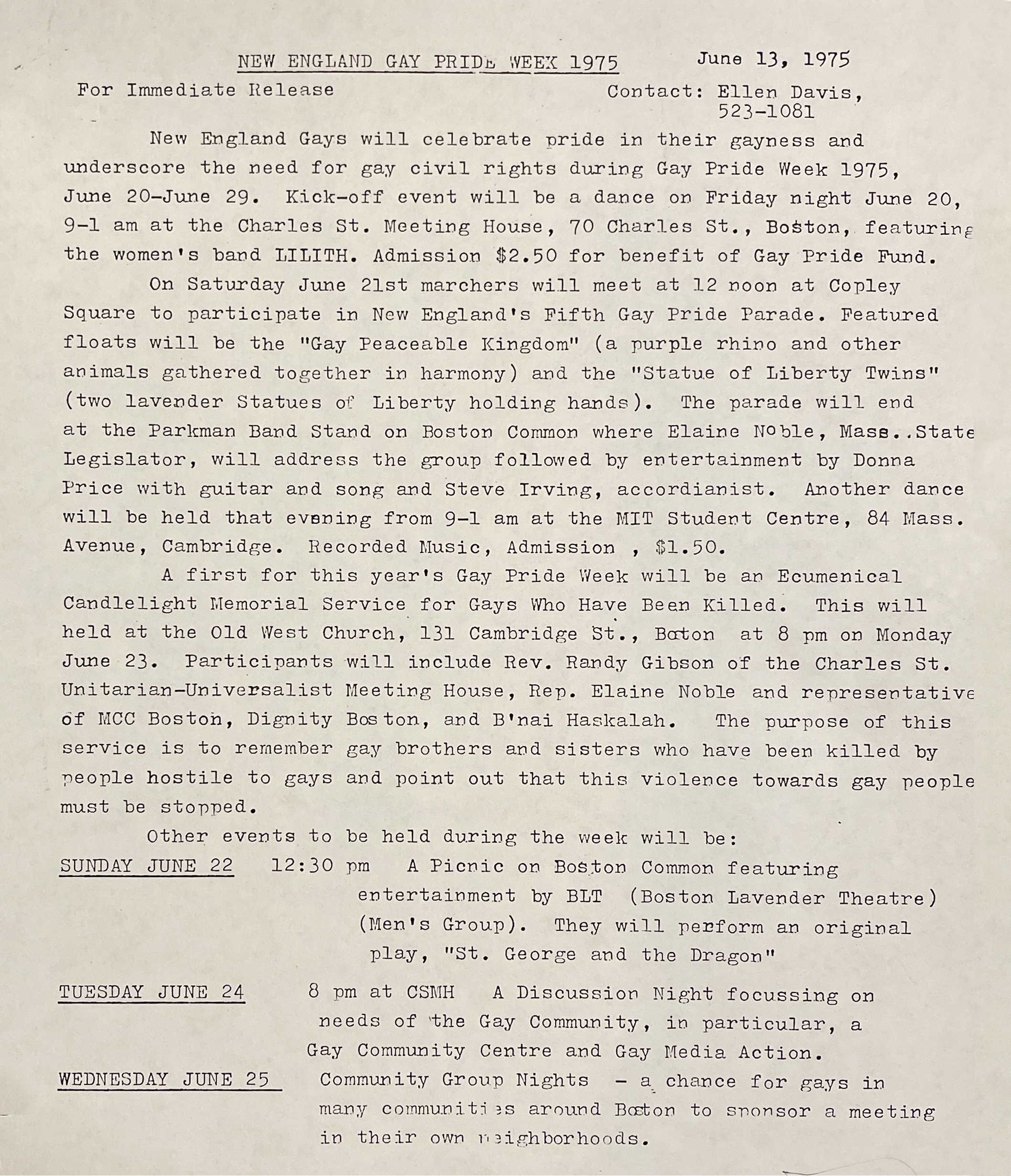 Photo of Page 1 of the Press Release that went out June 13, 1975 announcing the Events for New England Pride Week