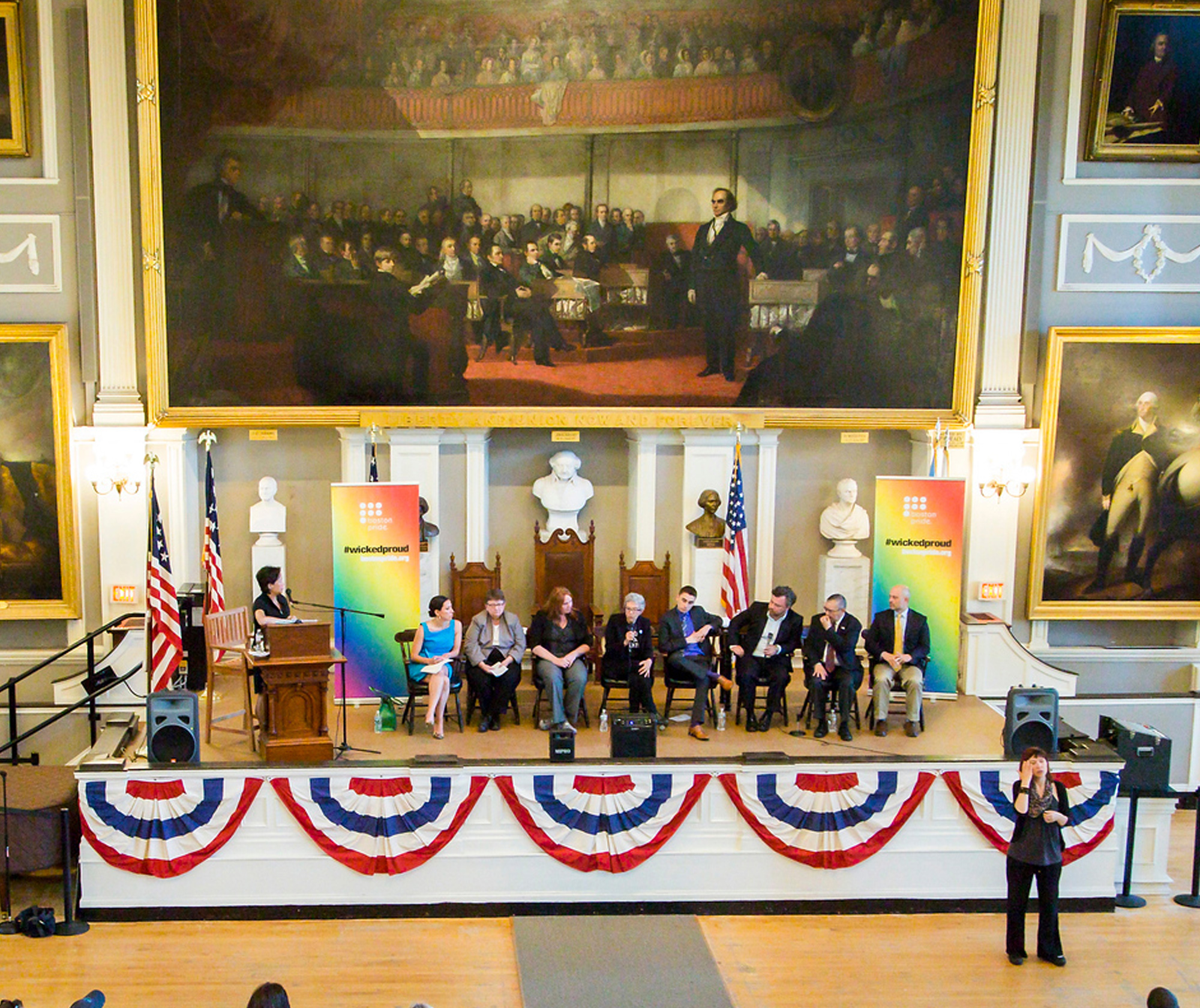 June 6, 2016. Boston, MA. Boston Pride Political Forum at Historic Faneuil Hall moderated by WCVB Ch. 5 Reporter Janet Wu. Speakers order on stage: Mass. State Senator Sonia Chang-Diaz Mass. State Rep. Liz Malia Mass. Log Cabin Republican Chapter Secretary Deborah Drew National LGBTQ Task Force’s Sue Hyde Mass. Log Cabin Republican Chapter Leader Dylan Kelly Democratic leader Steve Kerrigan 1st openly transgender senior staffer to serve on Capitol Hill Diego Sanchez Stonehill College Professor of Political Science Peter Ubertaccio