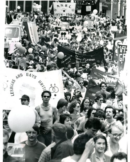 Marchers during the Boston Gay Pride parade on June 21, 1980. Credit: Boston Globe Staff Stan Grossfeld