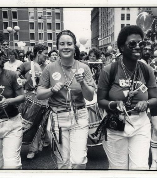 Three Batucada Bells triangle players in a Pride march, 1986 Credit:Bernstein, Susan